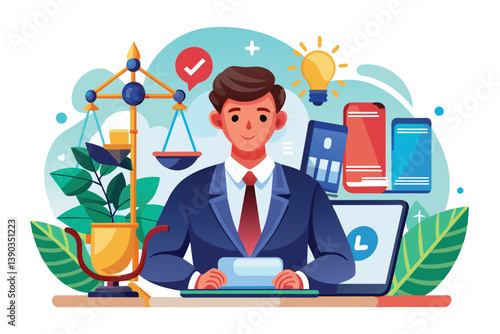 A smiling lawyer sits at a desk with a laptop, smartphone, and lightbulb for ideas. Behind them are scales of justice, symbolizing law and justice.
