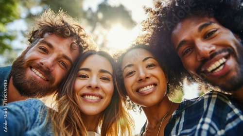 A diverse group of friends smiles warmly at the camera on a sunny day, sharing a joyful moment.