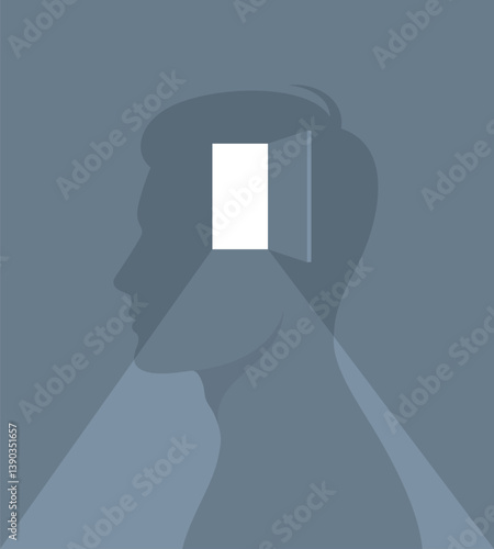 Bright light coming from an open door in the head of a human silhouette. Flat vector illustration