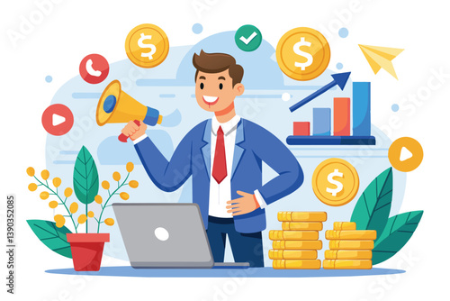 A cartoon businessman proudly stands with a loudspeaker, showing off a chart of profits and stacks of gold coins. He hints at success and wealth.