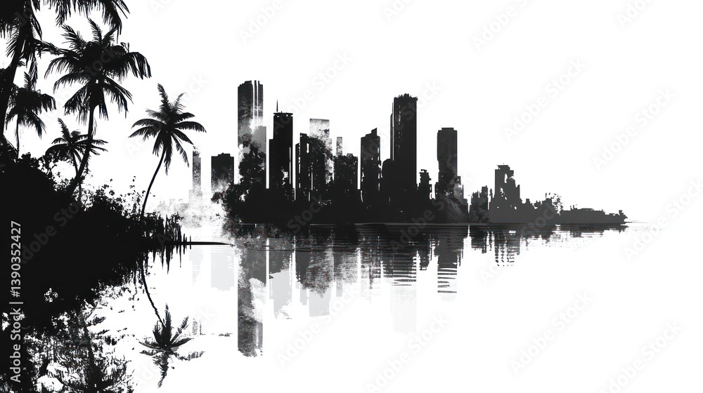 Fototapeta premium Tropical island city skyline reflected in water. Possible use Print design, poster, travel agency