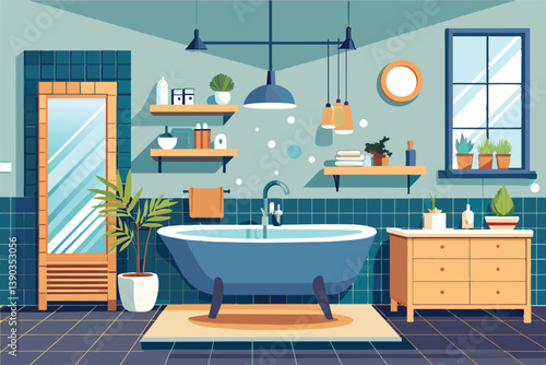 A cartoon illustration of a modern bathroom with a freestanding tub, a window, and a vanity with drawers.