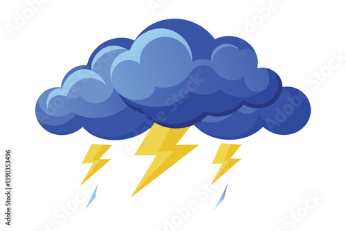 A cartoon illustration of a blue thunderstorm cloud with yellow lightning bolts and raindrops.