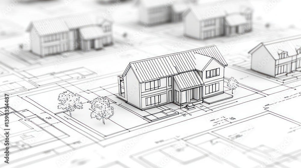 Architectural design blueprints with house model Architectural design blueprints with house model