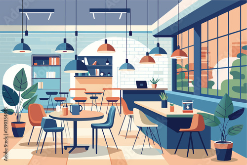 A modern cafe interior featuring hanging lights, large windows, and tables with chairs.