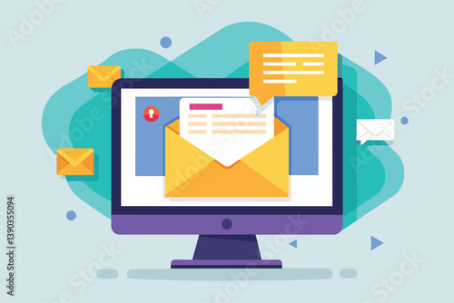 A flat illustration of a computer screen showing an open email with a notification. There are several other email icons surrounding the computer.