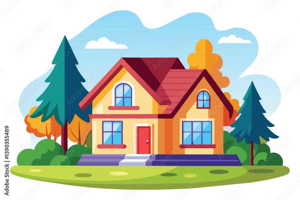 An illustration of a two-story house with a red roof and green trees in a sunny suburban setting. An illustration of a two-story house with a red roof and green trees in a sunny suburban setting.