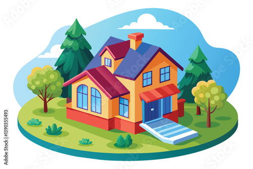 An illustration of a two-story house with a blue roof, yellow walls, and red trim, set in a grassy yard with green trees and a blue sky.