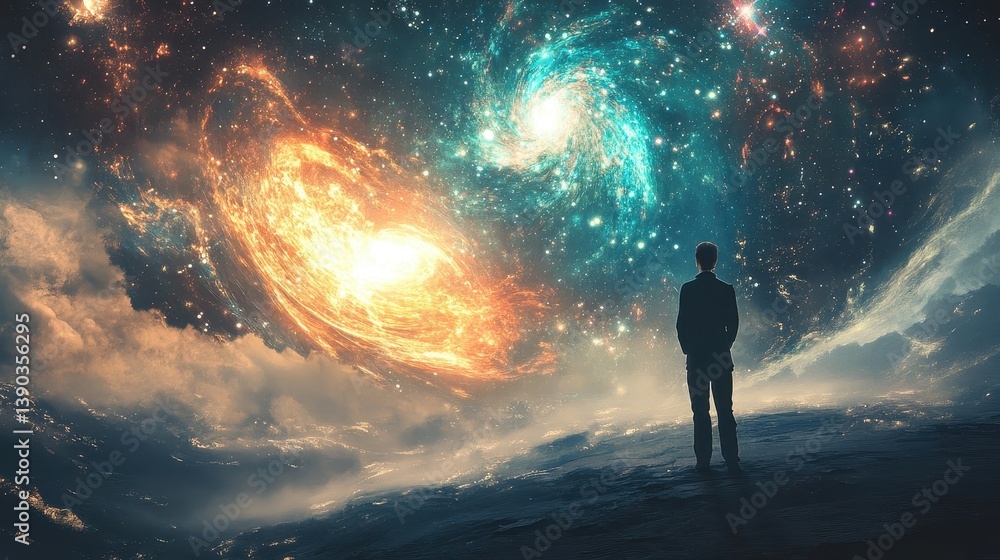 Person gazing at the beautiful swirling colors of the cosmic universe Person gazing at the beautiful swirling colors of the cosmic universe