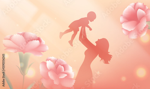 Mother's Day horizontal illustration of carnations and mother and son in the sun