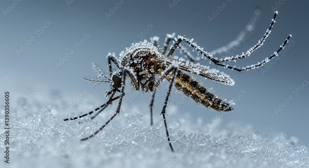 Fototapeta premium Close up of a mosquito covered in frost crystals on a cold winter day