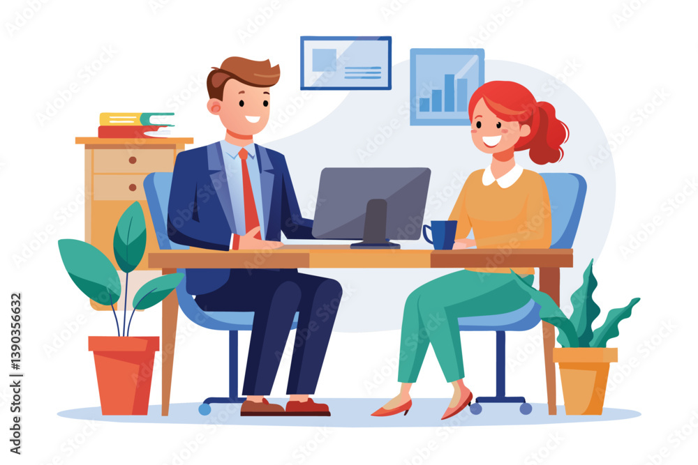 A businessman and a woman are sitting at a desk in an office, discussing something with a computer screen in front of them. They both appear to be smiling and happy with the conversation. A businessman and a woman are sitting at a desk in an office, discussing something with a computer screen in front of them. They both appear to be smiling and happy with the conversation.