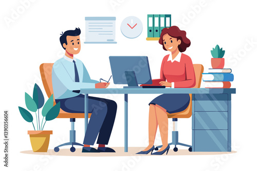 A man and woman are sitting at a desk in an office setting. They are collaborating on a project, with the woman working on a computer and the man looking at documents.