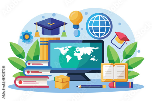 An illustration depicting the concept of global online education. It features a computer screen displaying a world map, books, a pencil, graduation caps, and a lightbulb representing ideas.