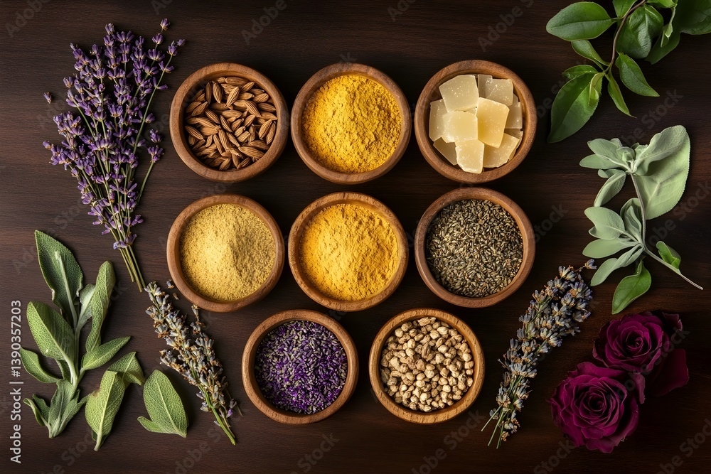A photo of various spices and herbs arranged in bowls A photo of various spices and herbs arranged in bowls