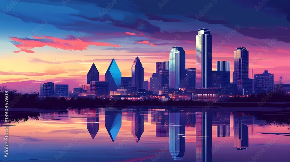 Obraz premium Vibrant city skyline reflected in calm water at sunset.