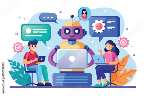 Illustration of a laptop robot helping two people also using laptops. Speech bubbles around the robot show communication and assistance.