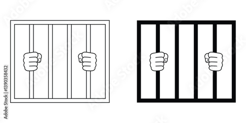 Prison bars with hands vector illustration set. Jail cell line art with clenched fists behind bars. Black and white outline icons for crime, law, punishment, and justice concepts.