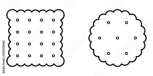 Square and round cracker cookies vector icon set. Outline biscuit illustrations with scalloped decorative edges and holes. Black line art for bakery, dessert, pastry, and snack design.