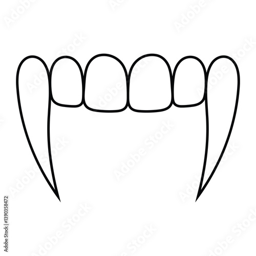 Vampire fangs vector illustration. Hand-drawn doodle of scary vampire teeth with sharp canines. Black line art isolated on white background.