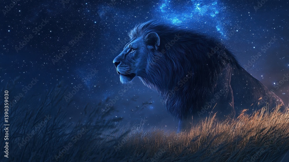Naklejka premium A majestic lion stands proudly under a vast starry night