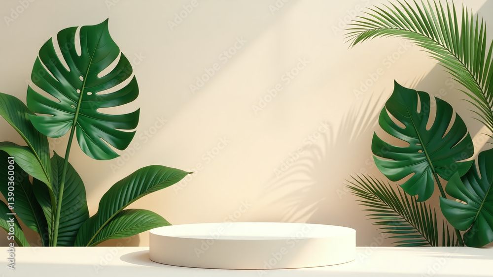 Fototapeta premium fashion model poses tropical backdrop palm leaves monstera plant empty summer setting product