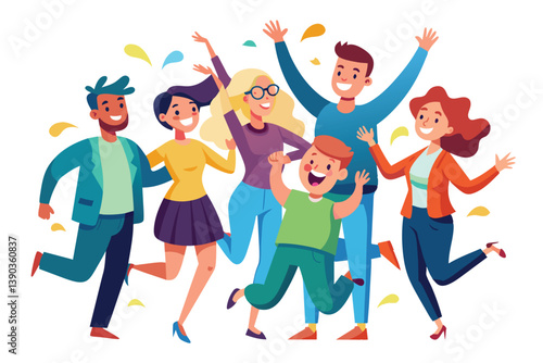 A cartoon illustration of a diverse group of six friends celebrating and having fun together. They are jumping and laughing as confetti falls around them.