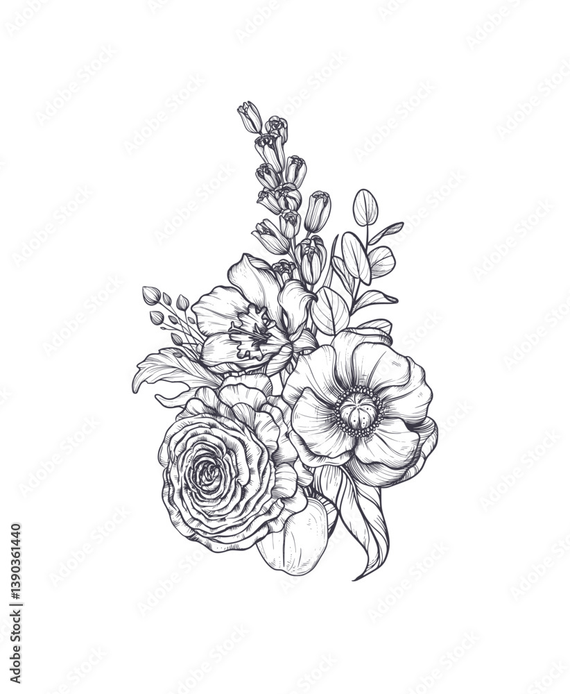 Fototapeta premium Vector composition of spring flowers, leaves and branches. Different flowers, tulips, anemones and other plants in beautiful bouquet.