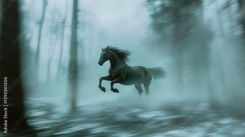 Obraz premium A magnificent black horse running through a foggy forest scene