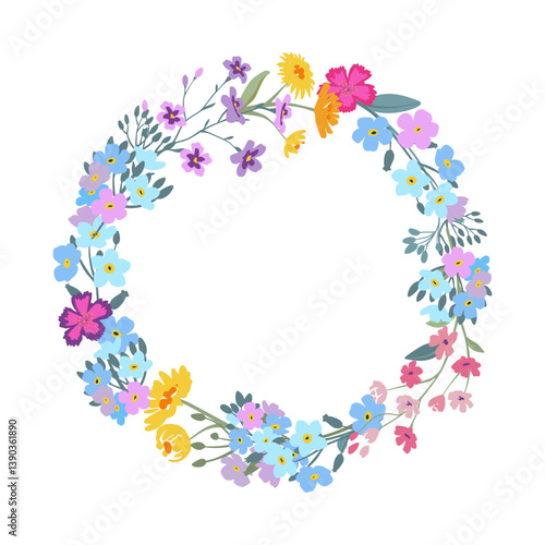 Vector wreath with colorful wildflowers. Elegant floral garland with forget-me-nots, chamomile, daisies.