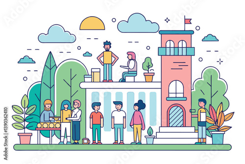 Illustration of students outside a school on a sunny day. Some talking on the rooftop, others on ground, maybe waiting for class.