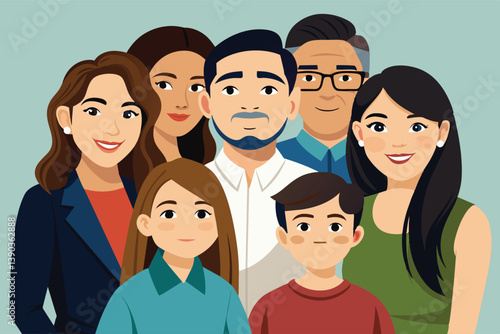 A cartoon illustration depicting a happy family with a diverse range of ages and ethnicities. They are all smiling and looking directly at the viewer.