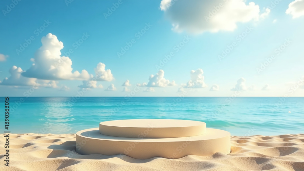 Obraz premium golden sand empty podium shines sunny skies calm sea embodying warm summer feelings serenity joyful