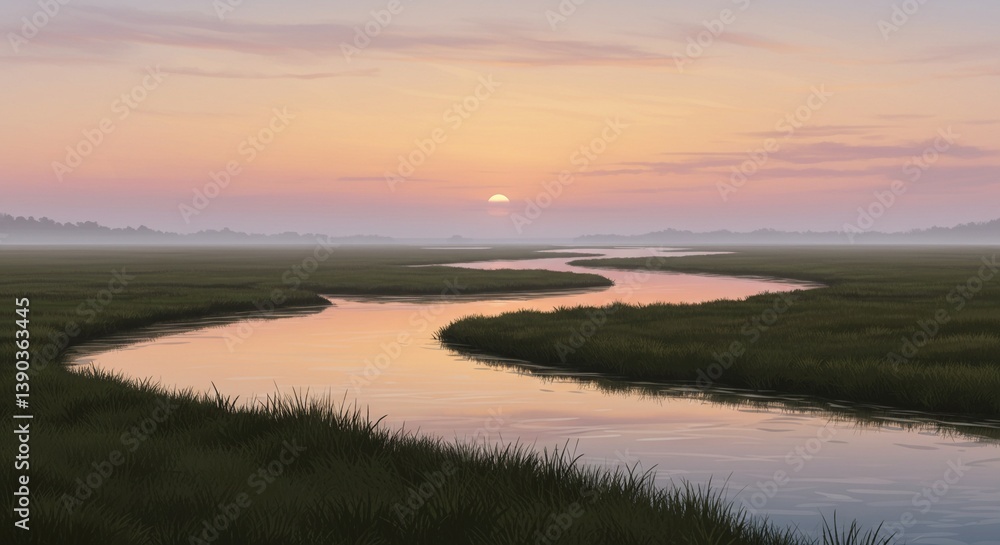 Sun setting over peaceful river illustration Sun setting over peaceful river illustration