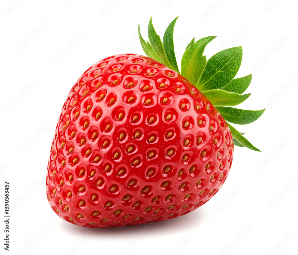 Close up of juicy red strawberry fruit with seeds and green leaf cap isolated on white background. Close up of juicy red strawberry fruit with seeds and green leaf cap isolated on white background.
