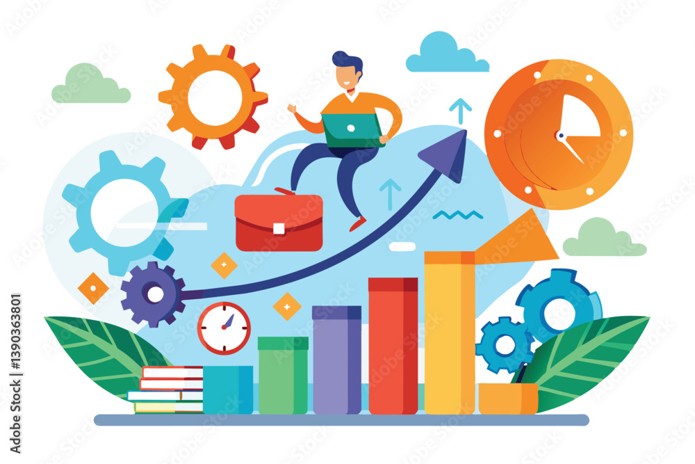 Illustration of a businessman on an upward arrow for growth and progress, surrounded by gears for efficiency and a time clock for time management. Illustration of a businessman on an upward arrow for growth and progress, surrounded by gears for efficiency and a time clock for time management.