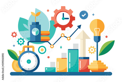A colorful, abstract illustration depicting business growth through a combination of time management, innovation, and planning.