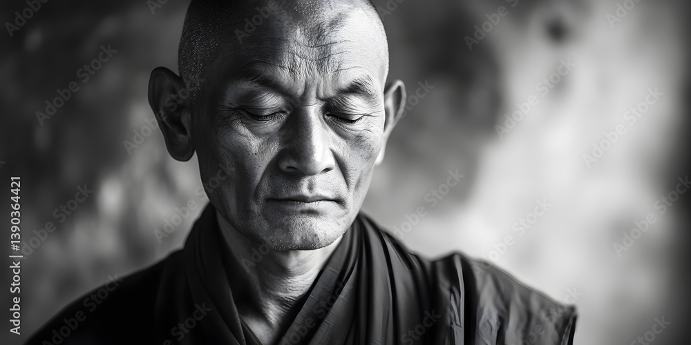 Fototapeta premium Serene Meditative Elder Black and White Photography, Soulful Contemplative Portrait, Inspirational Zen Monk Image