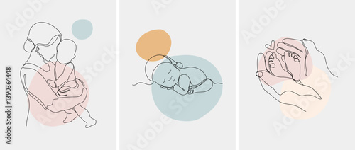 Happy Mother's Day. Set of minimalistic modern line art. Vector abstract illustration of mother and baby, hand, frame, border for greeting card, poster or flyer.