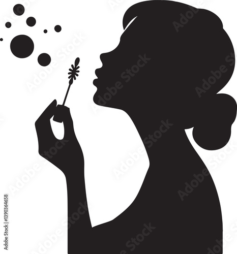 silhouette of a women blowing bubbles vector art illustration 