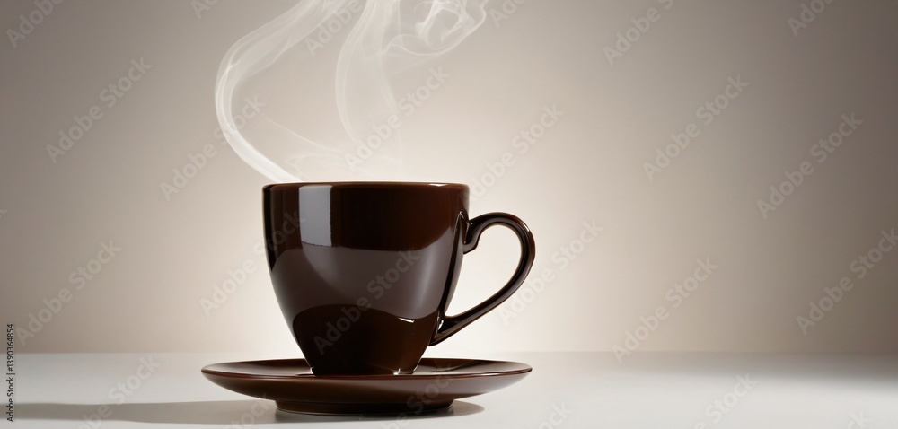 A perfectly brewed cup of rich, dark coffee in a sleek, modern ceramic cup, cut out against a soft, neutral gradient background. The coffee's smooth surface reflects warm ambient lighting,