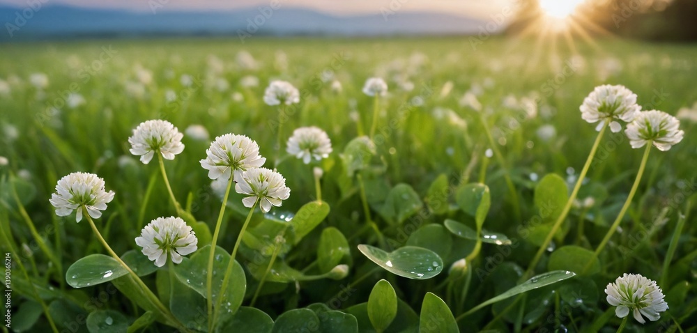 A serene morning scene featuring delicate white clover flowers gently nestled in dew-kissed grass