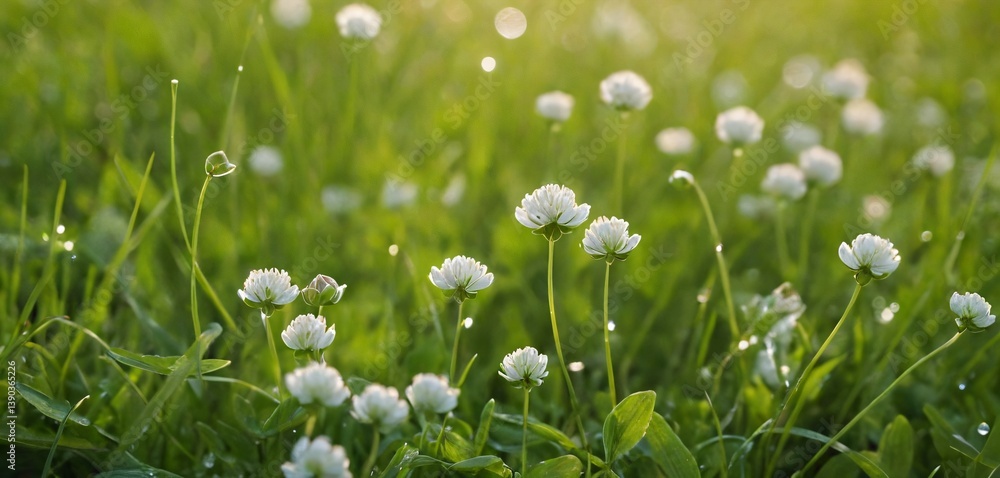 A serene morning scene featuring delicate white clover flowers gently nestled in dew-kissed grass