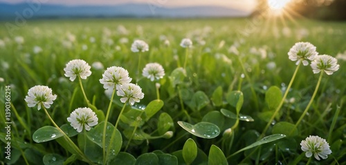 Obraz na płótnie A serene morning scene featuring delicate white clover flowers gently nestled in dew-kissed grass w salonie