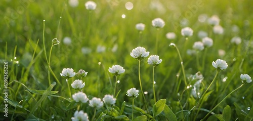Obraz na płótnie A serene morning scene featuring delicate white clover flowers gently nestled in dew-kissed grass w salonie