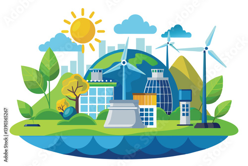 Illustration of a green city with wind turbines and solar panels, showcasing a sustainable future. Bright sun, blue sky, lush vegetation. Clean energy.