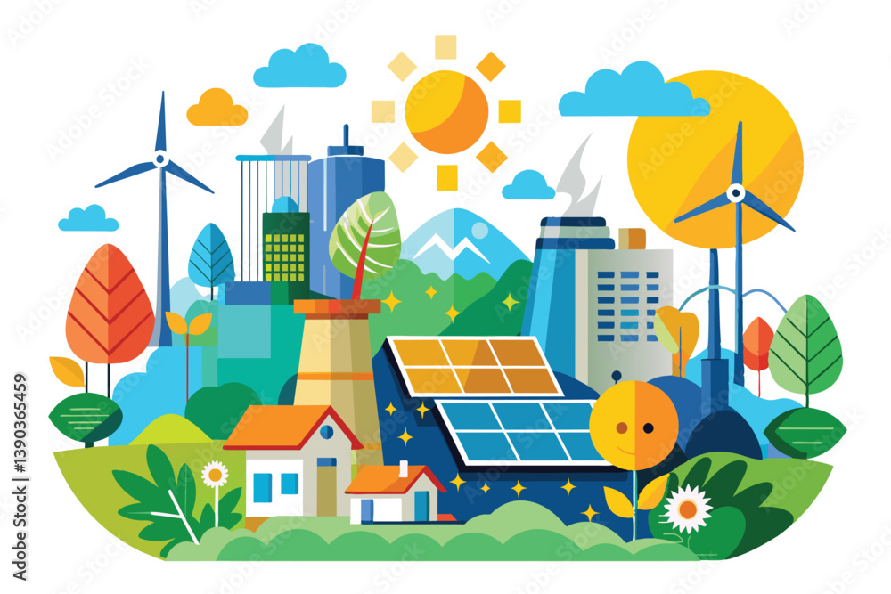 Naklejka premium A colorful illustration depicting a cityscape with solar panels, wind turbines, and other renewable energy sources, emphasizing a commitment to a sustainable future.