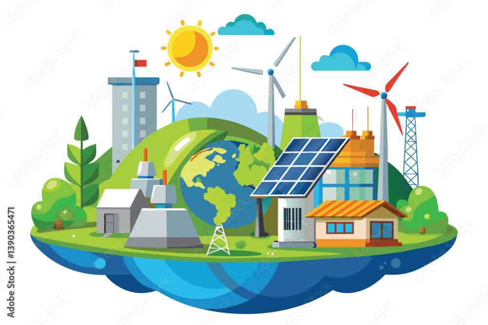 Fototapeta premium A vibrant illustration depicting a futuristic city powered by renewable energy sources like wind turbines and solar panels, all set against a backdrop of a green Earth.