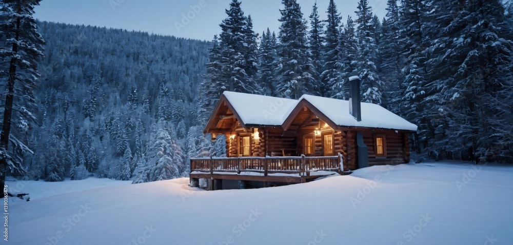 A serene winter landscape blanketed in fresh snow, with a cozy wooden cabin nestled at the edge of a dense forest