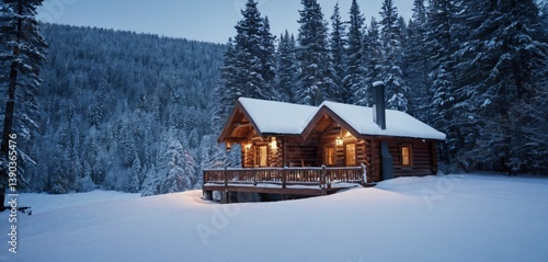 Obraz na płótnie A serene winter landscape blanketed in fresh snow, with a cozy wooden cabin nestled at the edge of a dense forest w salonie